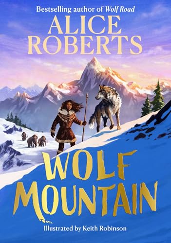 A girl in furs and a wolf walk through snowy mountains with distant mammoths.