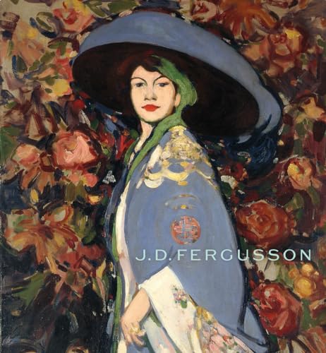 Painting of a woman in a large blue hat with a floral background.