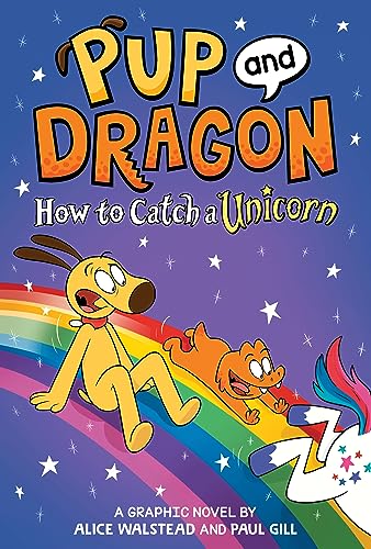 Dog and dragon sliding down a rainbow toward a unicorn’s horn.