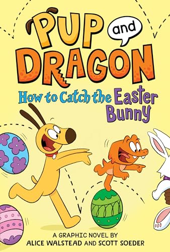 Cartoon dog and dragon chasing a white Easter bunny, colorful eggs nearby.