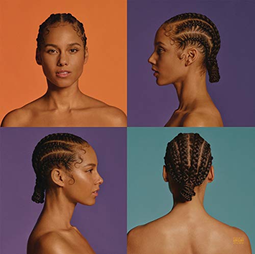 Four portraits of Alicia Keys with braided hair against orange, purple, and teal backgrounds.