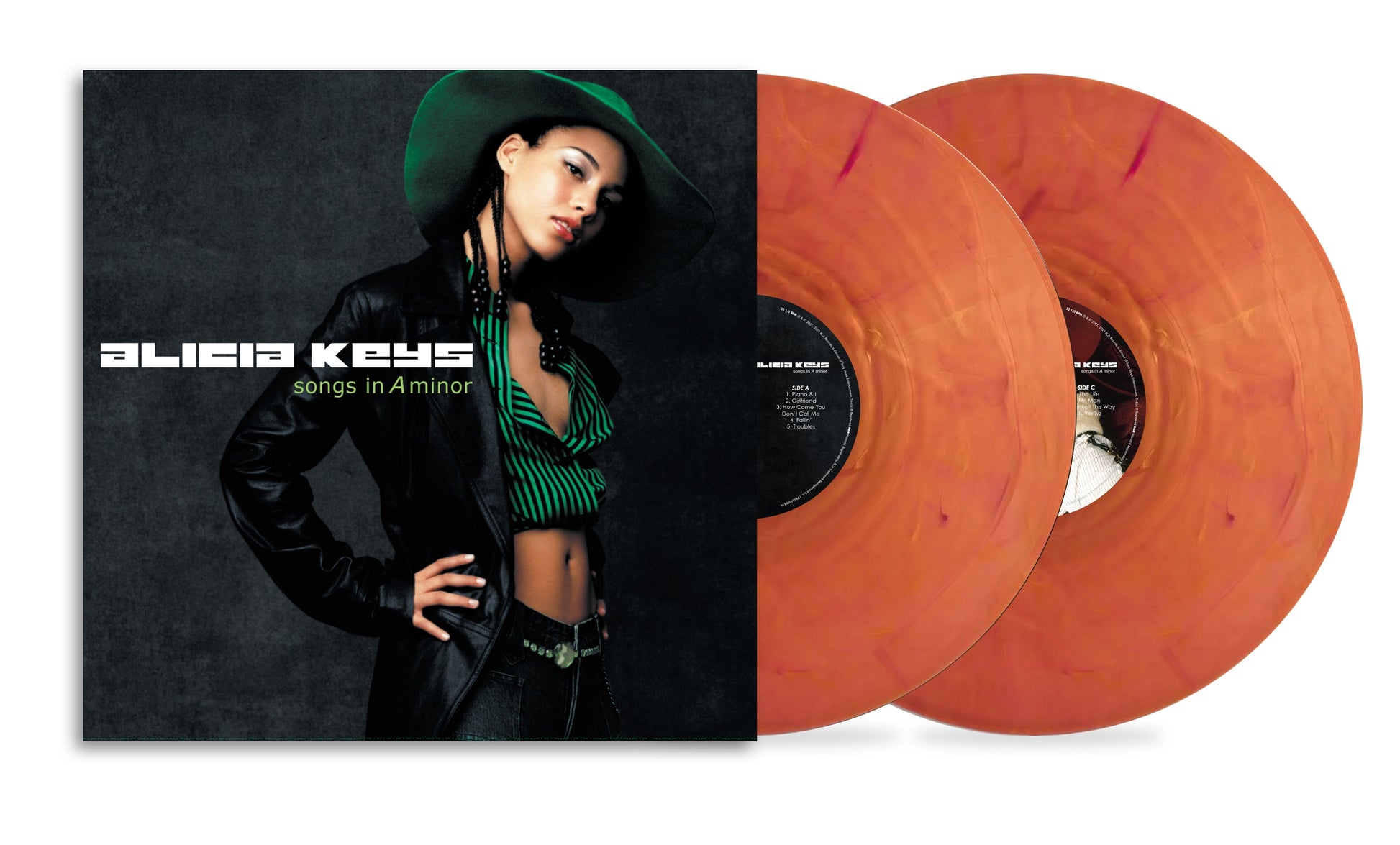 Alicia Keys Songs in A Minor album cover with two orange marble vinyl records.