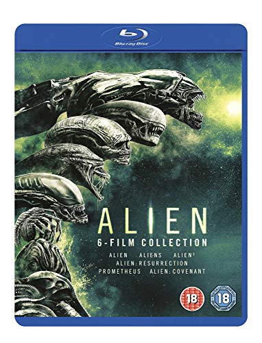 Alien 6-film collection Blu-ray box set featuring multiple Xenomorph heads against a green background.