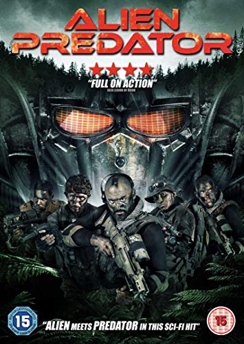 "Alien Predator DVD cover featuring a large Predator head and armed men below."