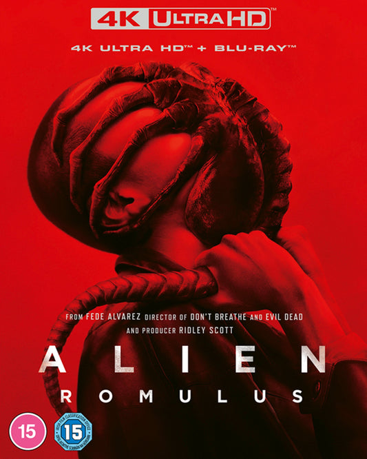 “Alien Romulus” Blu-ray cover featuring a close-up of a distressed face.