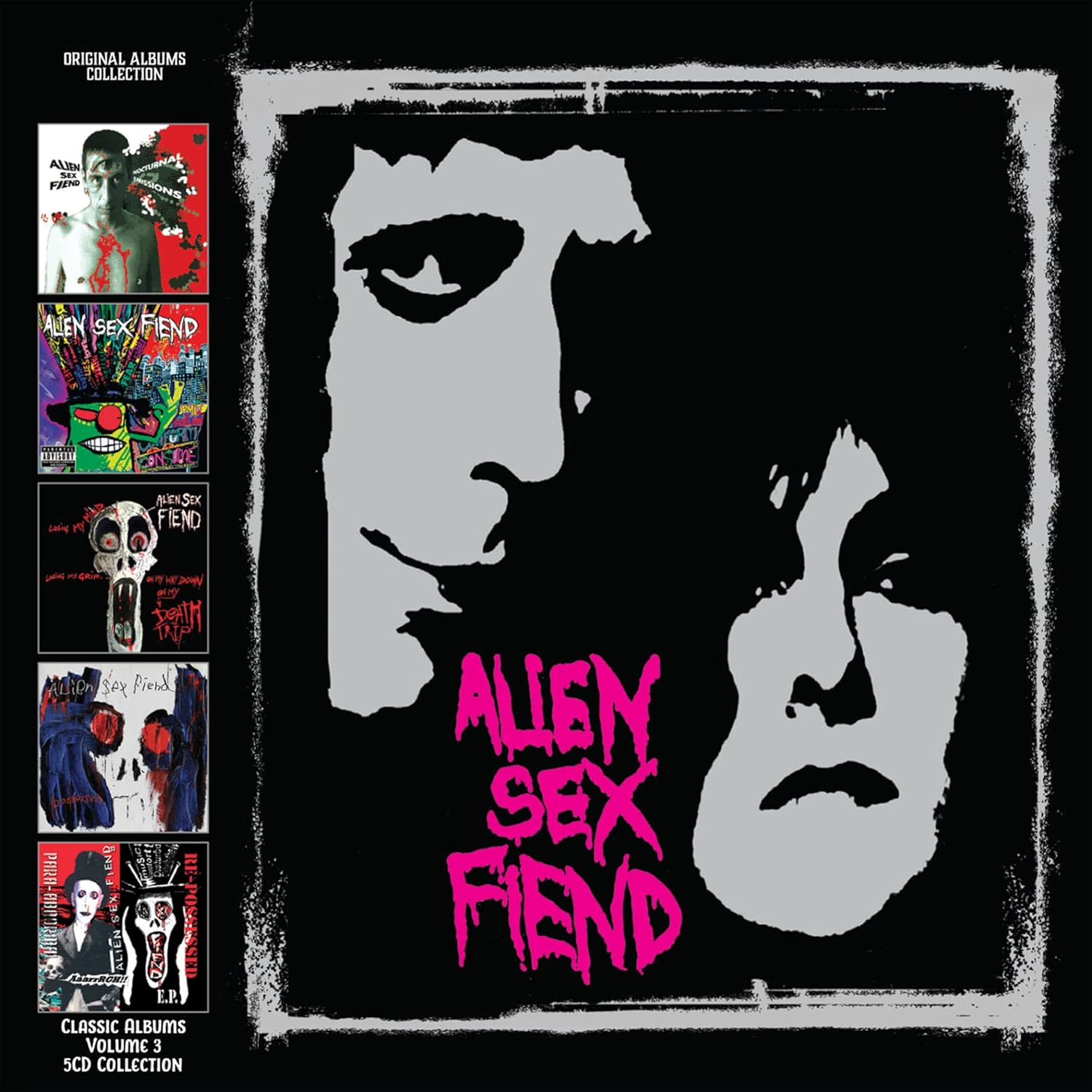 Five CD clamshell box set featuring Alien Sex Fiend album artwork.