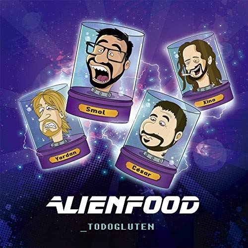 CD cover: Four cartoon faces in cylindrical containers against purple space background.
