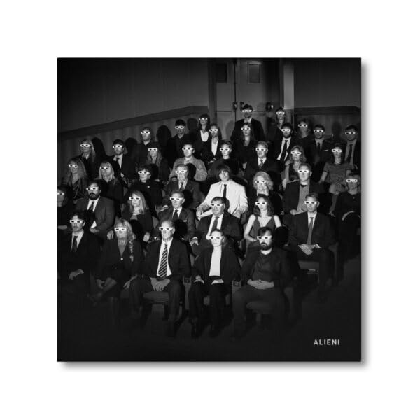 Black and white album cover featuring a crowd of people with alien eyewear.