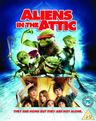 DVD cover for "Aliens In The Attic" featuring green alien characters and kids.