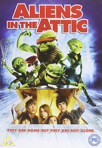 "Aliens in the Attic DVD cover featuring green aliens and a human family."