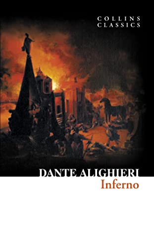 Book cover of Dante Alighieri’s "Inferno" with a fiery, chaotic scene.