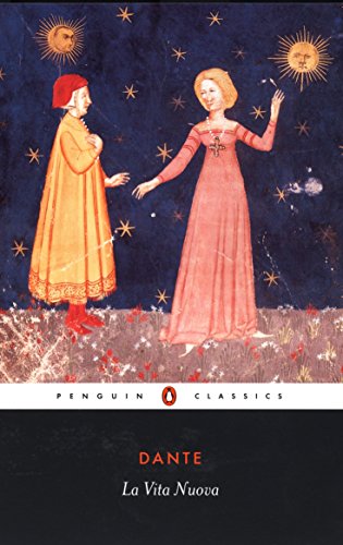 Book cover: "Vita Nuova" by Dante, featuring medieval figures and stars.