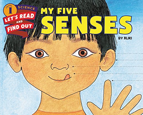Book cover: "My Five Senses" with illustration of a child exploring senses.