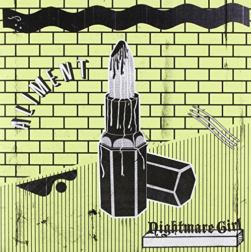 Album cover with lipstick, brick wall, and eye illustration in black and white.