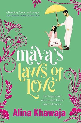 Book cover: couple under yellow umbrella, floral design, teal background.