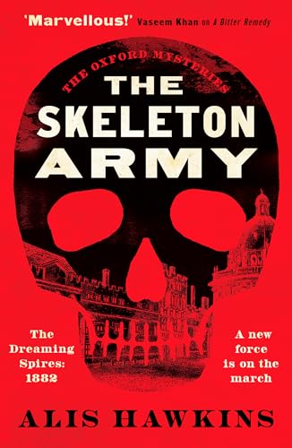 Book cover: skull silhouette with a cityscape inside, titled "The Skeleton Army".