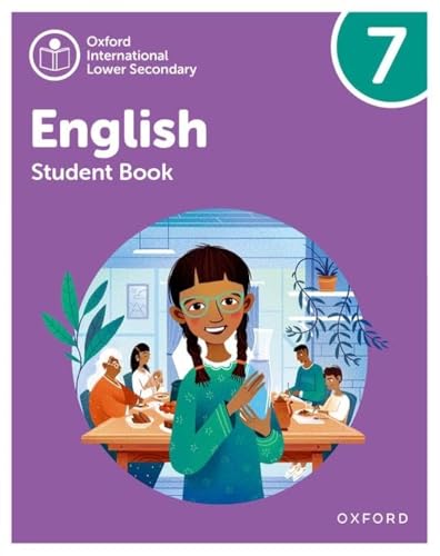 Purple English student book 7 cover with illustration of a family.