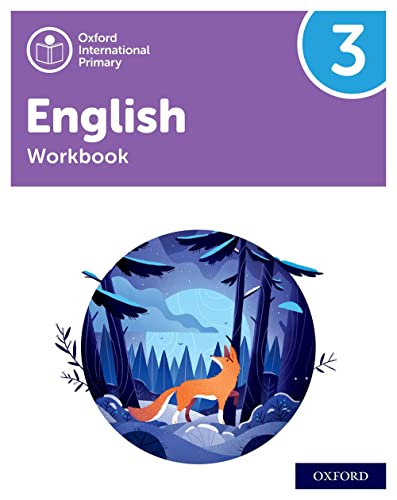 Purple English workbook cover with a fox in a snowy forest.
