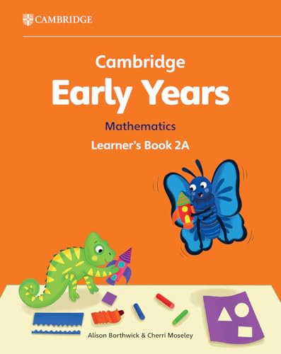 Orange textbook cover with cartoon chameleon, butterfly, and geometric shapes.