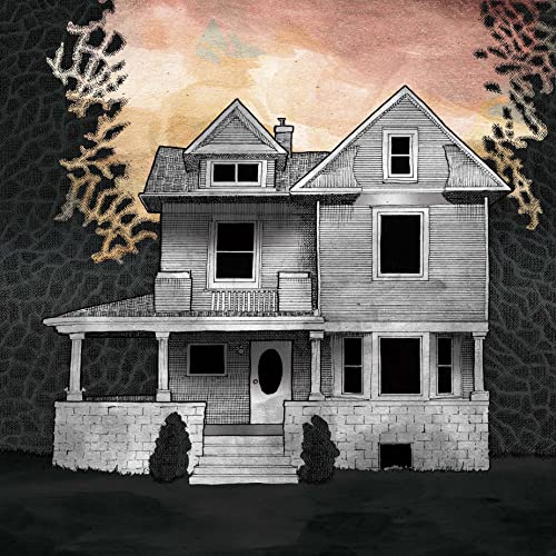 Black and white illustration of a house with dark, branching shapes around it.