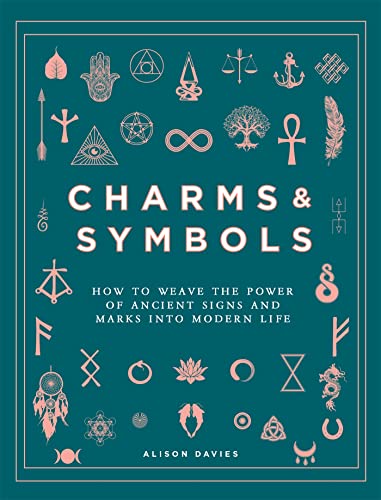 Book cover with pink illustrations of various ancient charms and symbols.