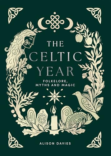 Book cover with gold Celtic-style illustrations of a woman, bird, candle, and nature motifs.