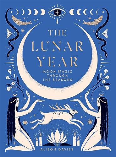 Book cover with a large crescent moon, two women, a hare, and celestial symbols.