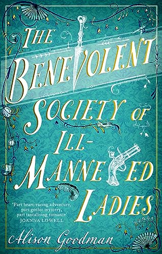 Book cover with teal background, ornate white lettering, a dagger, and a flintlock pistol.