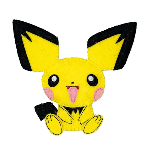 Yellow Pikachu feltie with black outlines and pink cheeks, facing forward.