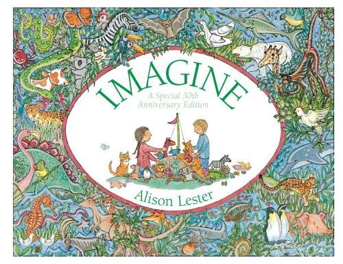 Children playing with toys inside an oval frame surrounded by many illustrated animals.