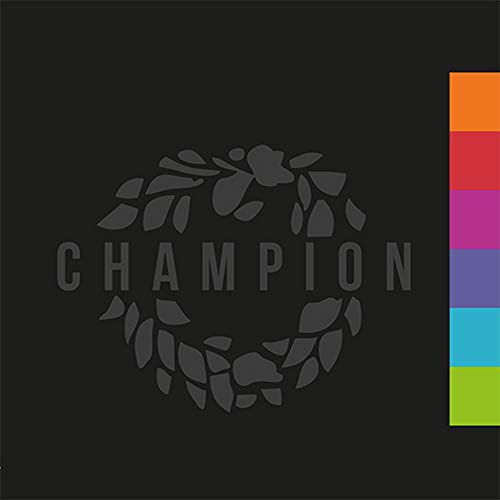 Black album cover with “Champion” text and a wreath design, rainbow stripe.