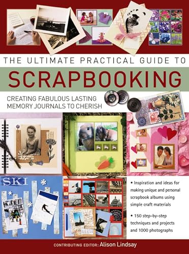 Scrapbooking guide cover with photos, embellishments, and example layouts.