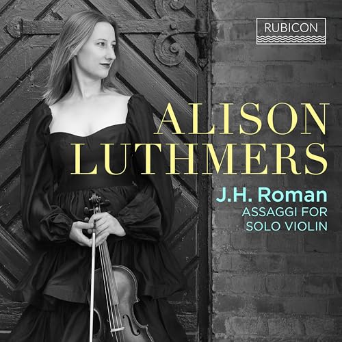 Alison Luthmers holding a violin, album cover for J.H. Roman’s “Assaggi.”