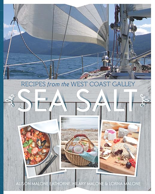 Cookbook cover, “Sea Salt,” featuring a sailboat and food photography.