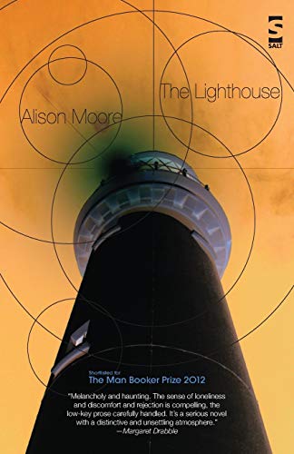 Low-angle view of a dark lighthouse against an orange sky with geometric line overlays.
