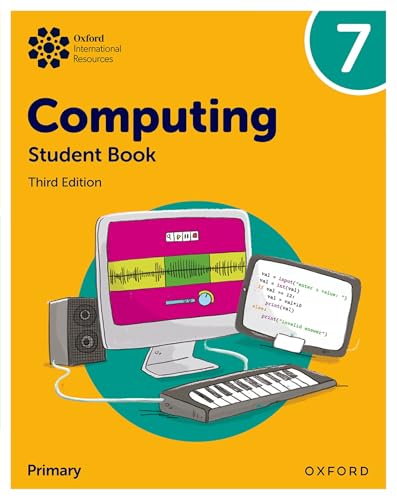 Computing textbook cover with computer, speaker, tablet, and code display.