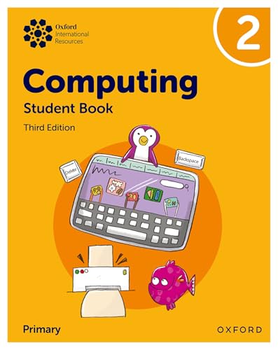 “Computing” student book cover with laptop, penguin, and fish illustrations.