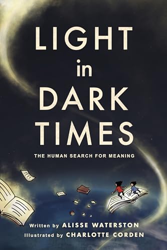 Book cover: dark blue background, children on a book, floating papers.