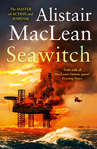 Book cover showing an oil rig on fire at sea with a helicopter nearby.