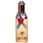 Tall, yellow perfume bottle with a red heart and blue ribbon.