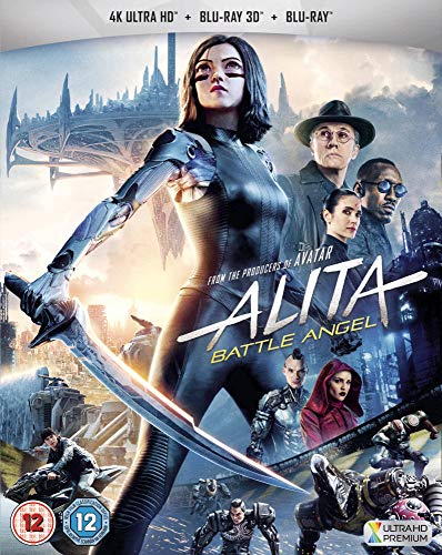 Alita: Battle Angel Blu-ray cover featuring cyborg warrior and supporting characters.