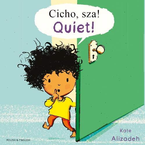Child peeking around a green door with a "Quiet!" speech bubble.