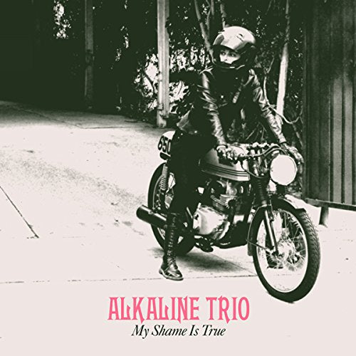 Motorcycle rider with helmet, album cover for Alkaline Trio’s “My Shame Is True”.