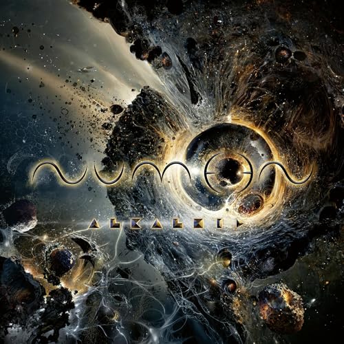 Album cover for Alkaloid’s “Numen” featuring an abstract eye and cosmic imagery.