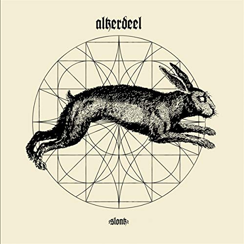 "CD cover art featuring a black-and-white illustration of a leaping rabbit within a geometric circle."