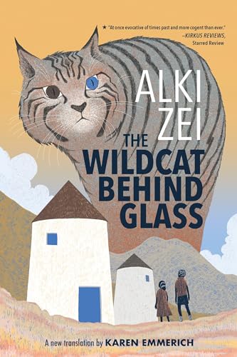 Book cover: large tabby cat, small village, and blue sky.