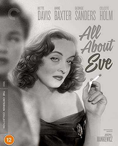 Black and white Blu-ray cover for "All About Eve" featuring Bette Davis.