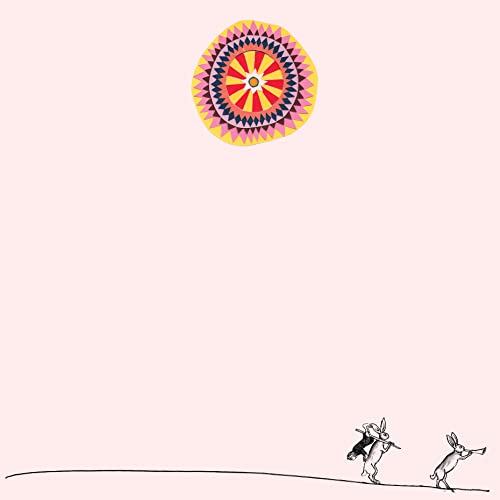 A pale pink background features a colorful geometric sun above two small line-drawn rabbits.