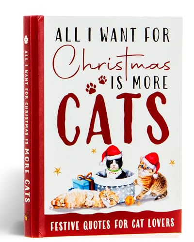 Book cover with red text, cats in Santa hats, and gift boxes.