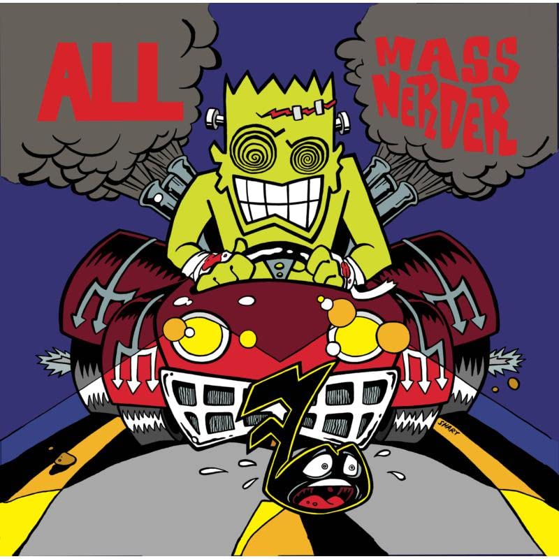 Cartoon illustration of a green Frankenstein-like character driving a red car on a road.